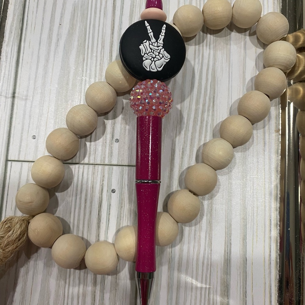 Pink and Black Beaded Pen with Peace Sign